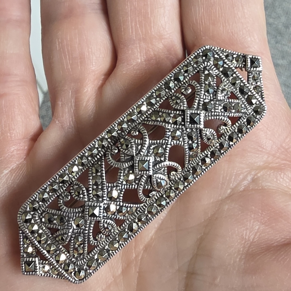 Judith Jack SS & Fancy Cut Pyramid Marcasite Bar Pin RARE